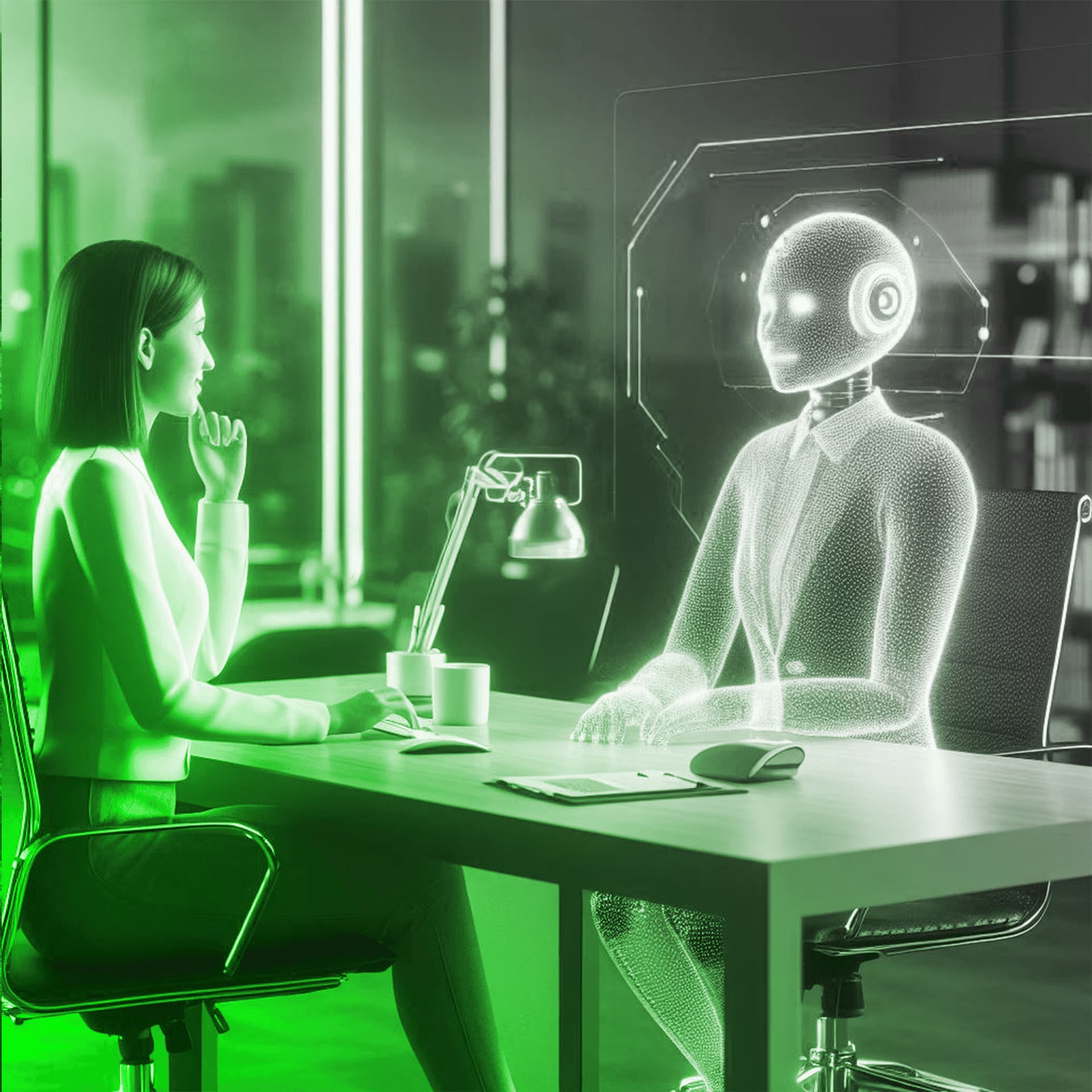 A woman converses with an AI assistant at her desk
