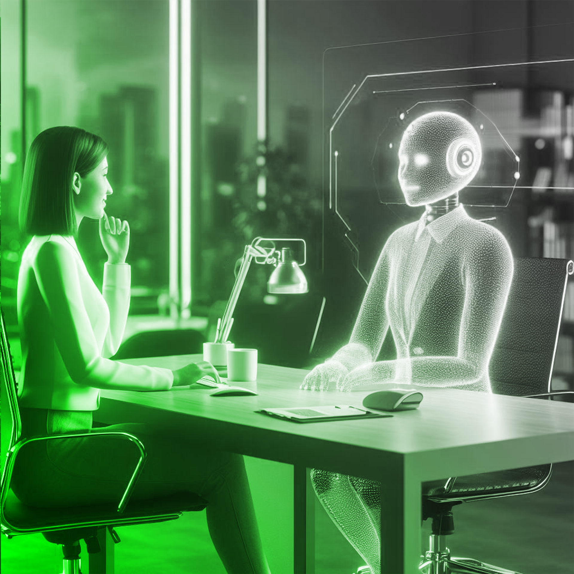 A woman converses with an AI assistant at her desk