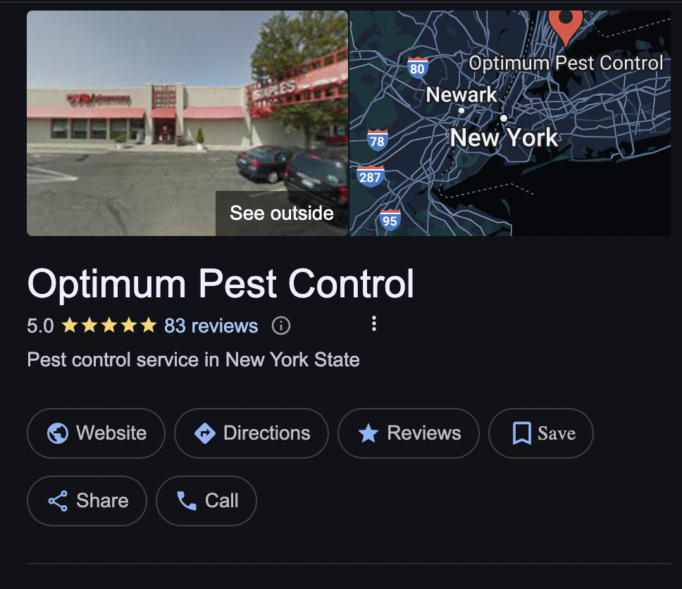 Screenshot of optimum pest control business profile